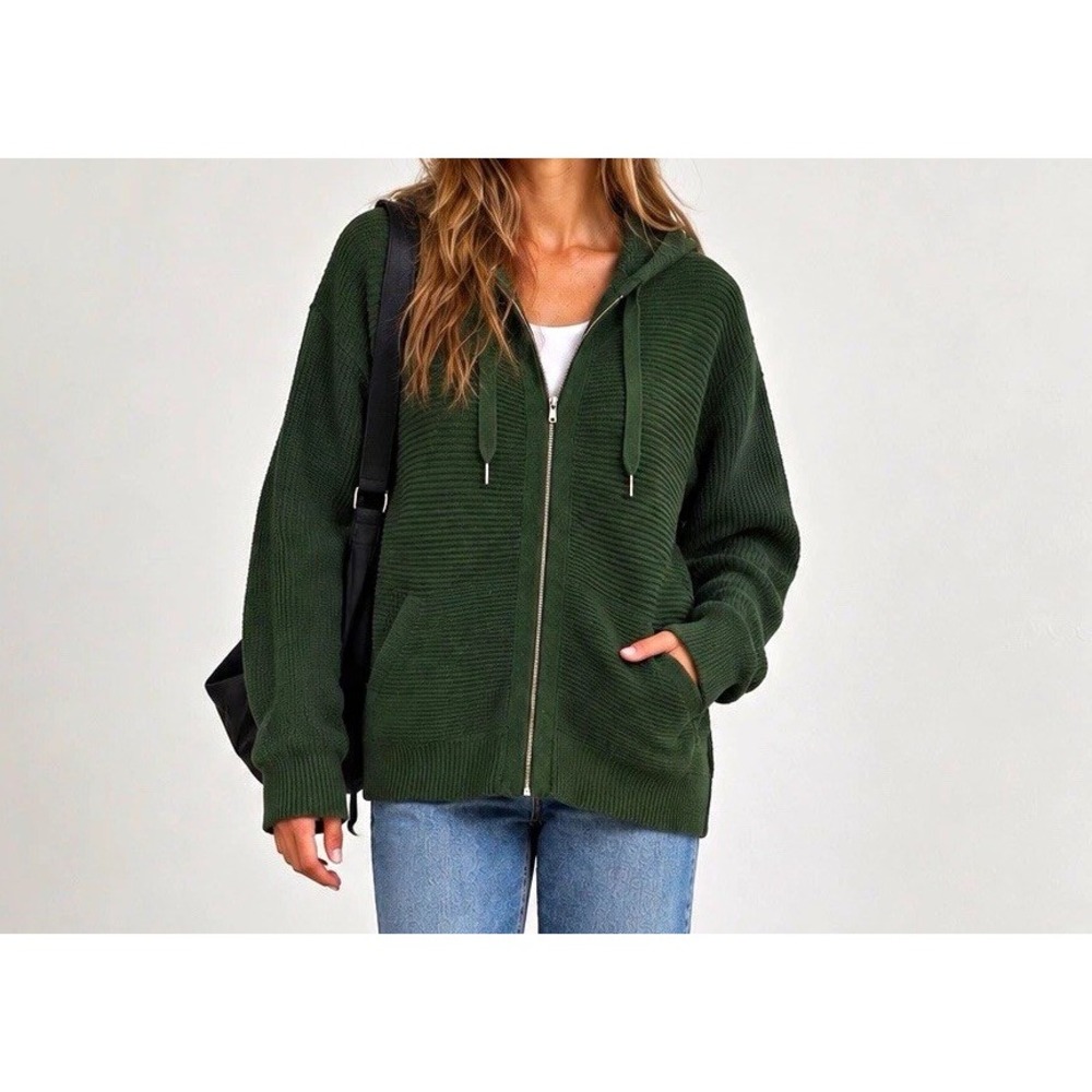 J.Jill Forest Green Ribbed Knit Hoodie Cardigan S Full Zip